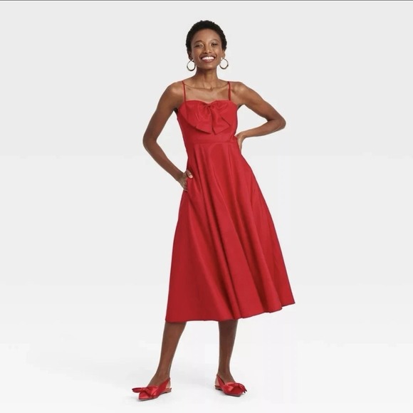 A New Day Dress Womens 14 Red Bow Midi Sleeveless Formal Valentines Date - Picture 3 of 9